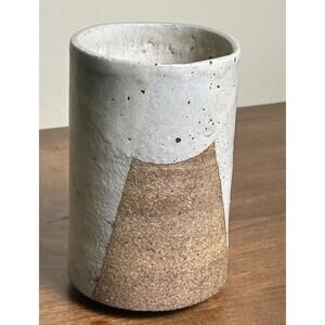 White and Brown Studio Pottery Vase 5.5"x3.5" (Sand Finish, Handmade, Signed)